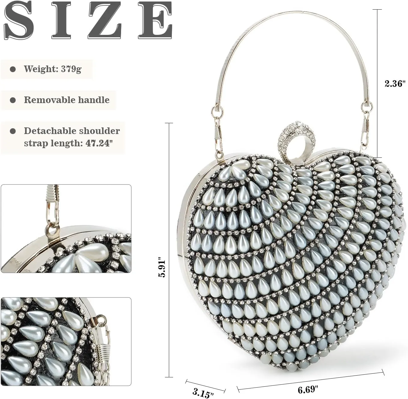 SUKUTU Cute Heart Shape Clutch Bag Women Elegant Pearl Rhinstone Evening Purse Wedding Party Bridal Prom Handbag