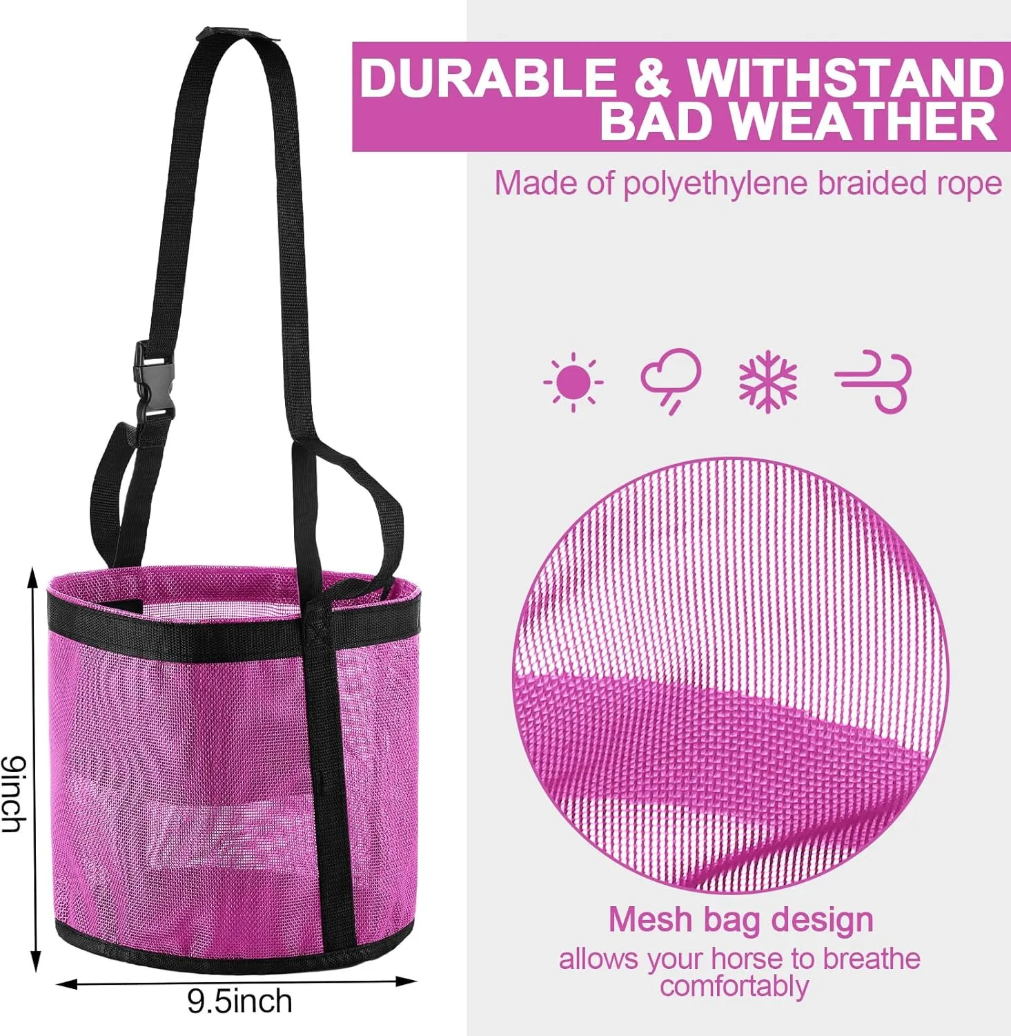 Sumind 2 Pcs Feed Horses Bag for Grain Hay Bags Heavy Duty Mesh Horse Feeder with Adjustable Strap Comfort Neck Pad Nose Pad and Waterproof Bottom Muzzle(Pink)