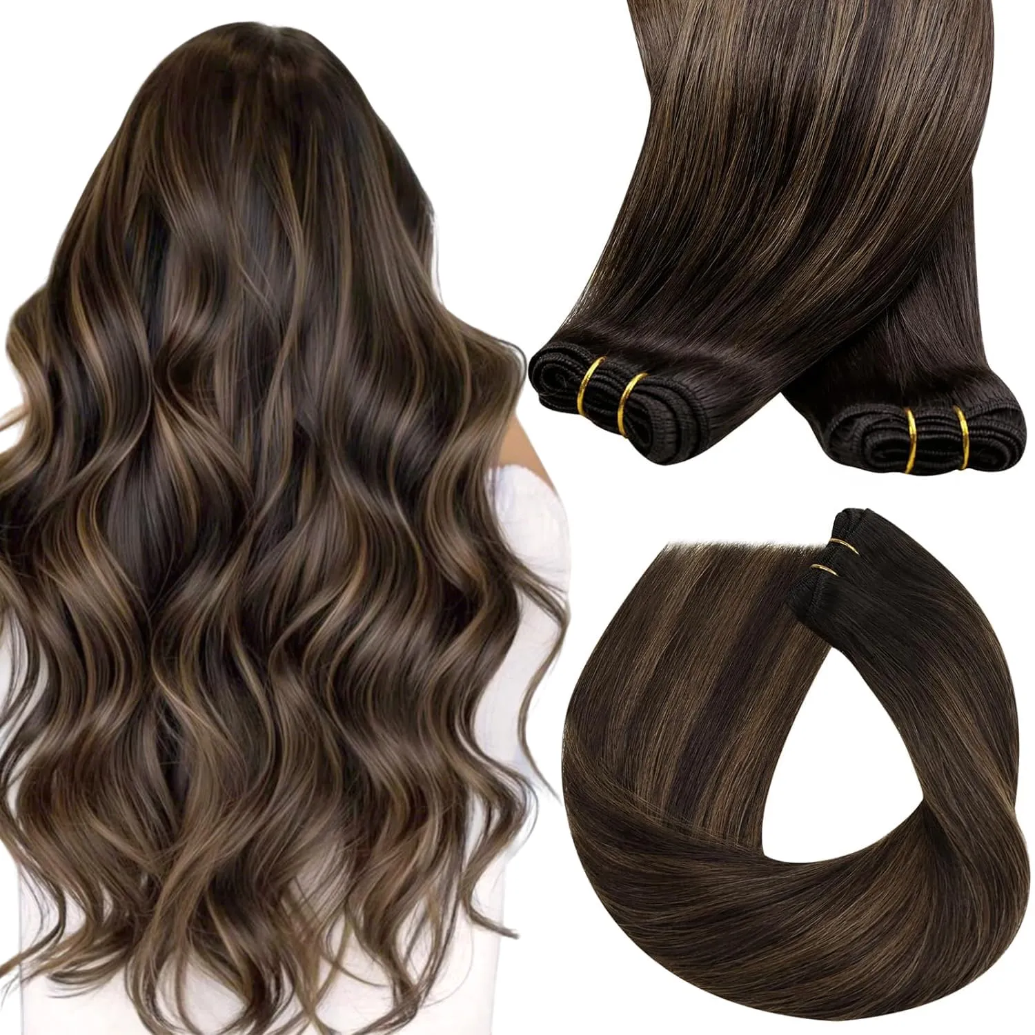 Sunny Hair Human Hair Weft Extensions Brown Sew in Hair Extensions Real Human Hair Ombre Dark Brown Roots Medium Balayage Weft Hair Extensions Remy Hair for Short Hair 70g 12 Inch