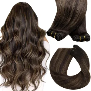 Sunny Hair Human Hair Weft Extensions Brown Sew in Hair Extensions Real Human Hair Ombre Dark Brown Roots Medium Balayage Weft Hair Extensions Remy Hair for Short Hair 70g 12 Inch