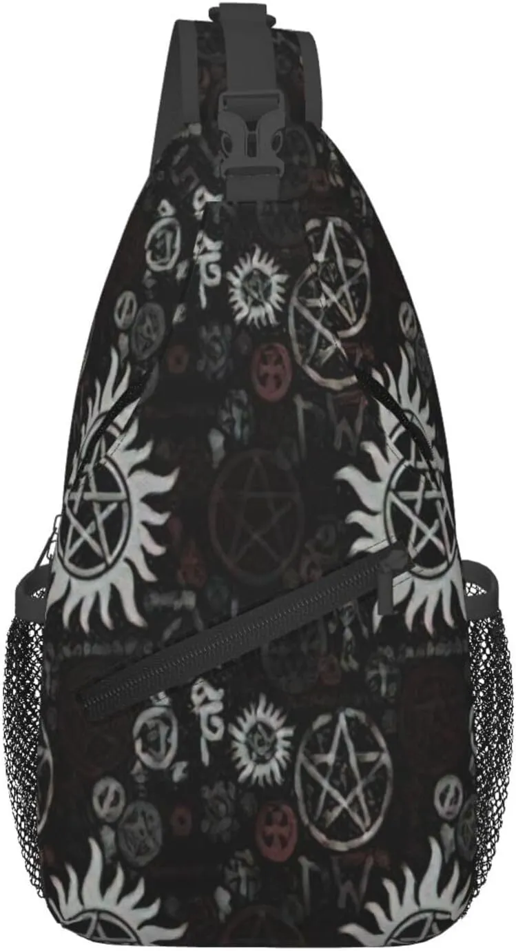 Supernatural Symbols Black Print Crossbody Bag Is Suitable For Outdoor Hiking, Work, And Daily Travel