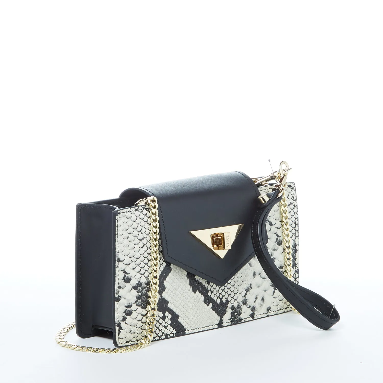 SUSU Mini Crossbody Bag Small Leather Snakeskin Black Purse Wristlet Women's Handbag