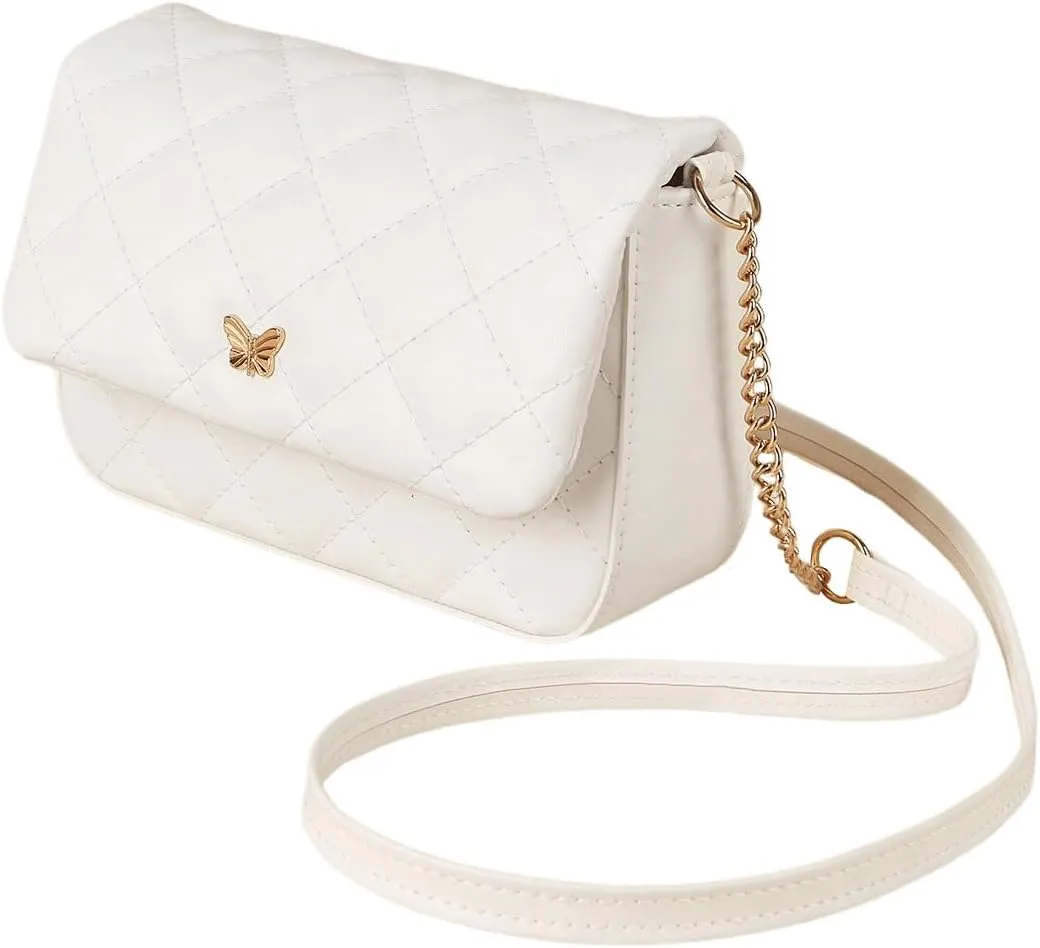 SweatyRocks Girl's PU Leather Chain Strap Crossbody Bag Metal Decor Flap Wallet Mini Square Bag White One-Size