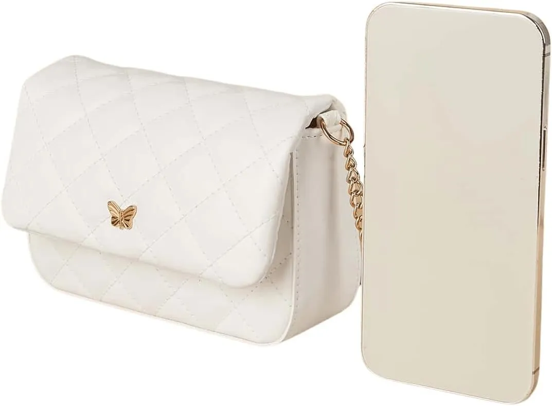 SweatyRocks Girl's PU Leather Chain Strap Crossbody Bag Metal Decor Flap Wallet Mini Square Bag White One-Size