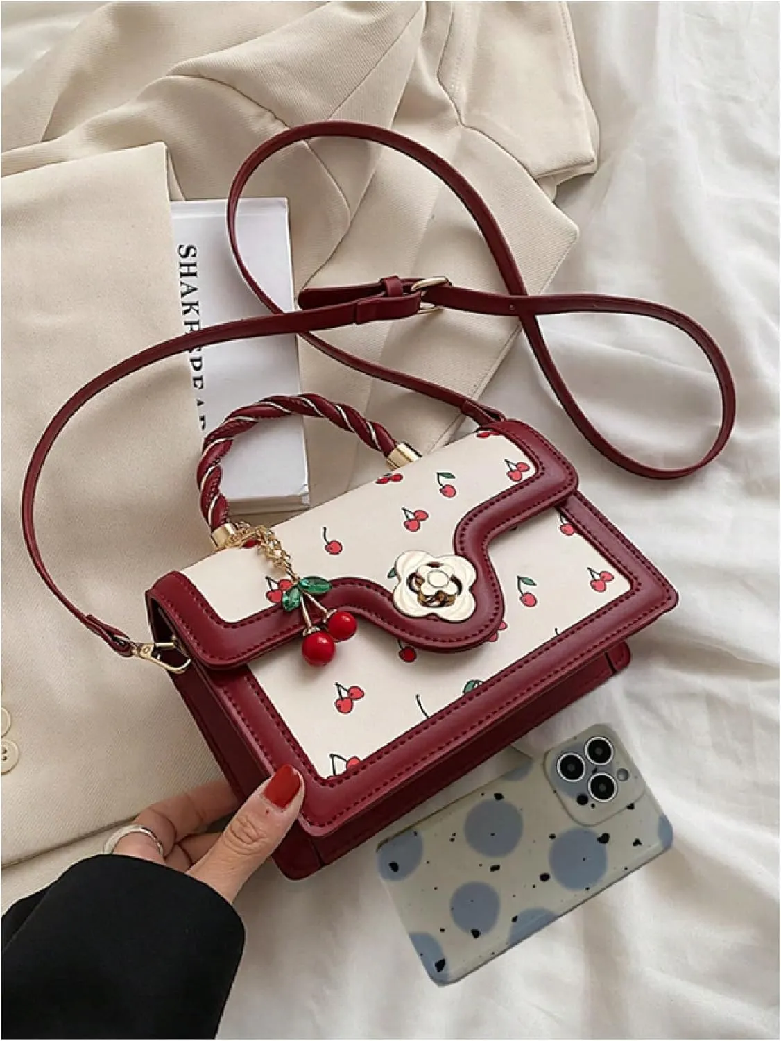 SweatyRocks Women's Cute Cherry Satchel Handbag Top Handle Adjustable Strap Shoulder Bag