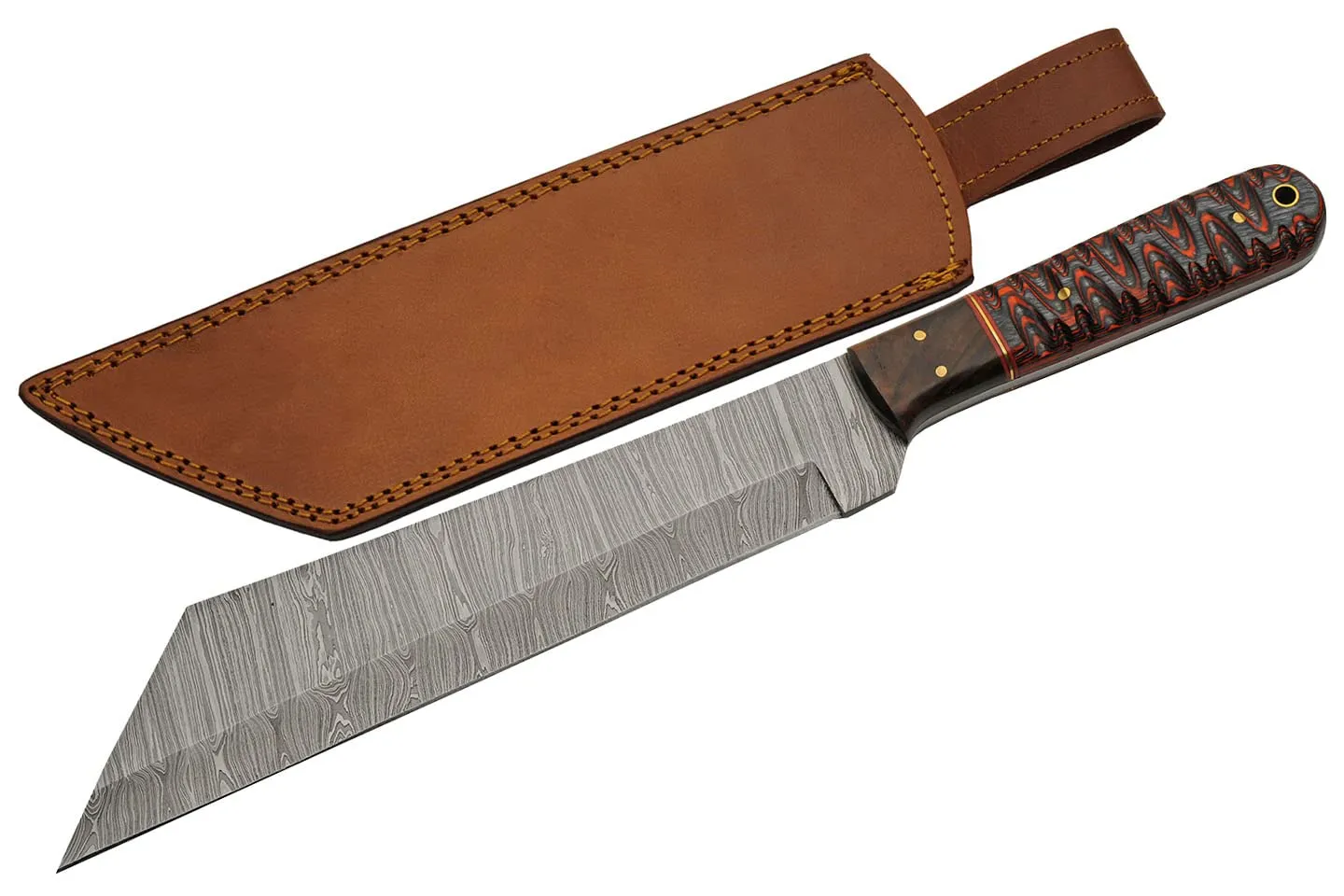 SZCO Supplies DM-1368RD Wood Handle Reverse Tanto Damascus Steel Outdoor Hunting Knife with Sheath, 14" Length