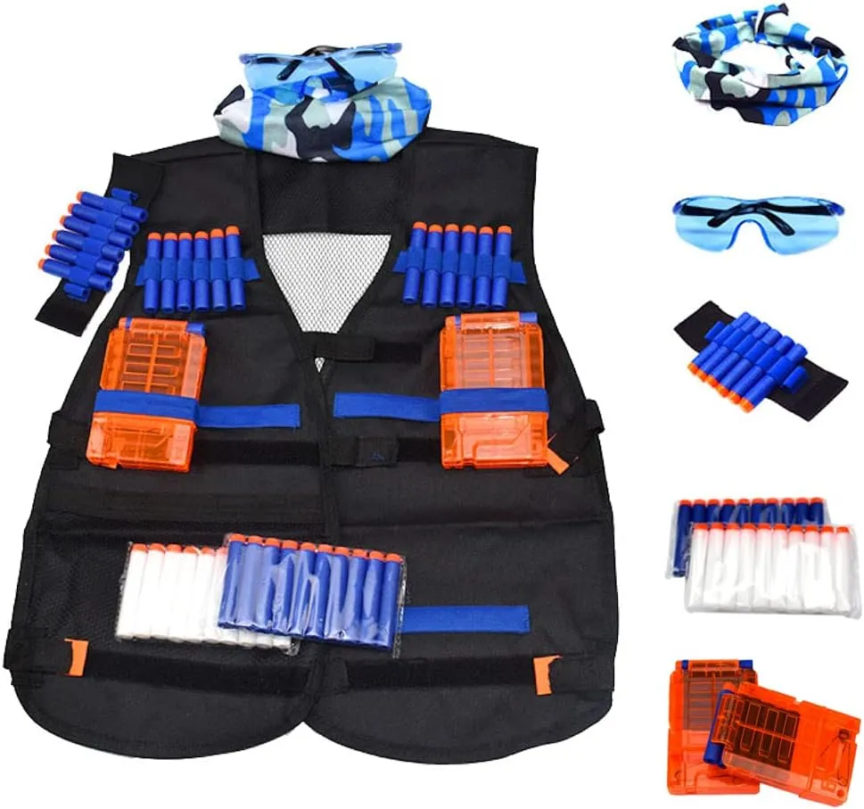 Tactical Vest Accessories Set for Nerf N-Strike Elite Series with 20 Refill Darts, 2 Quick Reload Clips, Wrist Ammo Holder, Safety Glasses, and Tube Mask