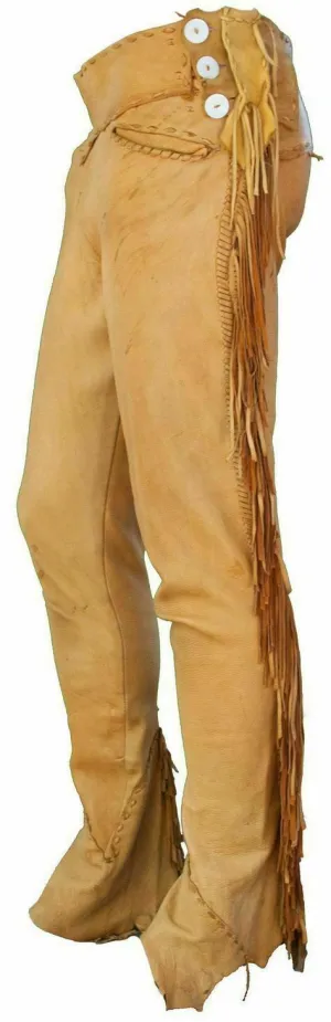 Tan Leather Fringe Pants For Men Ragged Leather Western Pant MFP1226