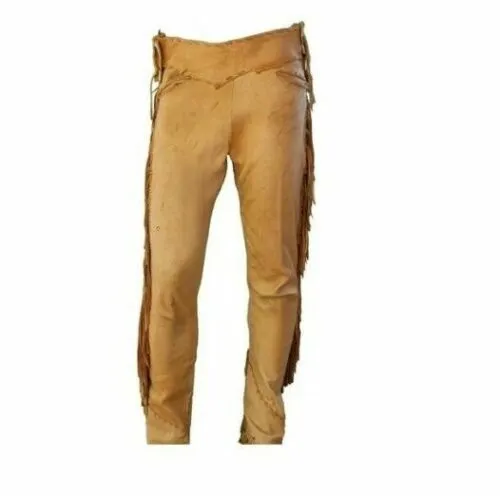 Tan Leather Fringe Pants For Men Ragged Leather Western Pant MFP1226