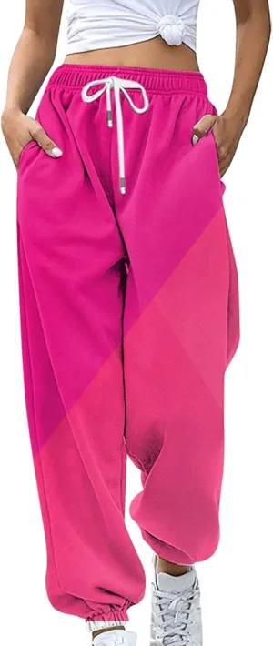 Teen Girls Cute Sweatpants Two Tone Drawstring Elastic Waist Cinch Bottom Joggers Lounge Slacks Womens Loose Soft Activewear