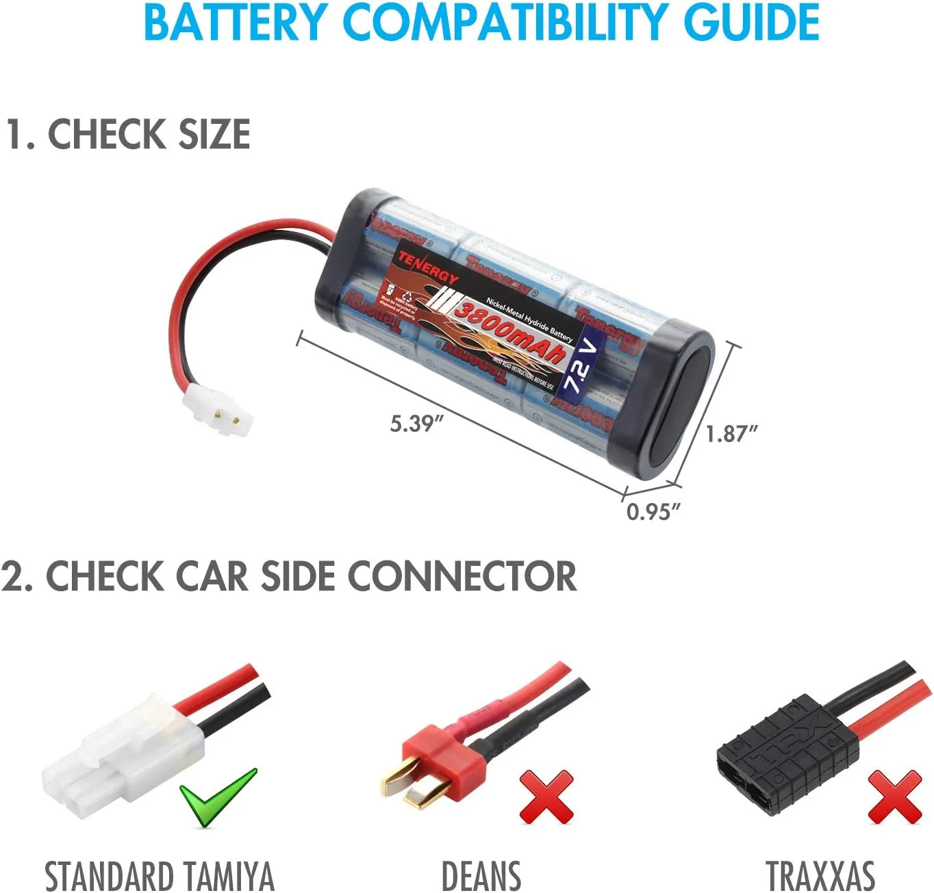 Tenergy 7.2V NiMH Battery Pack for RC Car, 3800mAh Flat 2-Pack With Standard Tamiya Connector   6V-12V Universal Charger for NiMH/NiCd Packs, RC Hobbies, Airsoft Guns