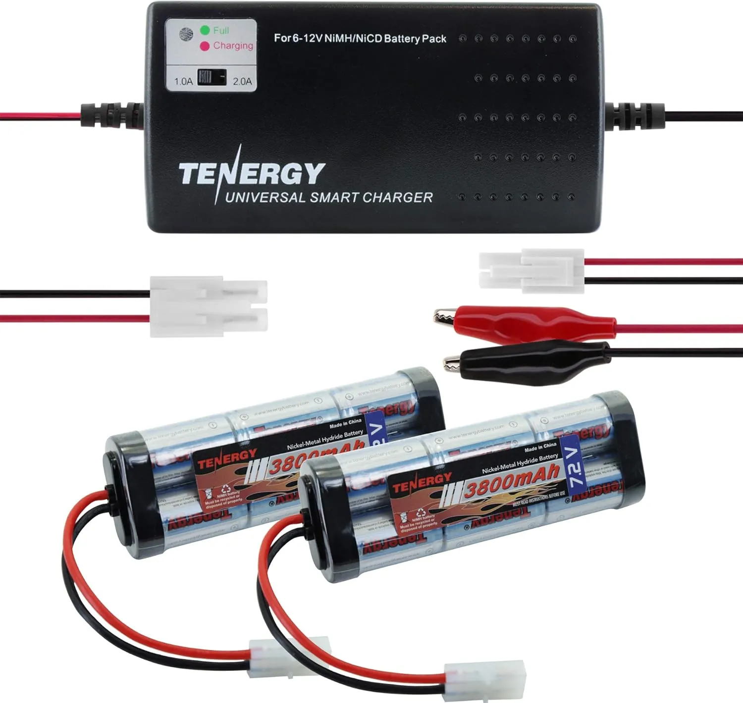 Tenergy 7.2V NiMH Battery Pack for RC Car, 3800mAh Flat 2-Pack With Standard Tamiya Connector   6V-12V Universal Charger for NiMH/NiCd Packs, RC Hobbies, Airsoft Guns