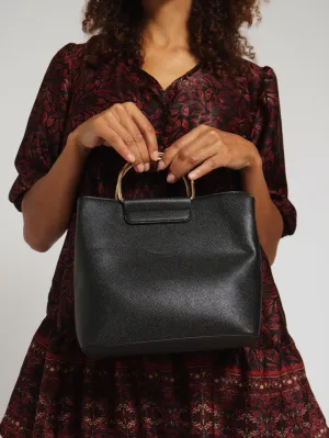 Textured Gold Handle Bucket Bag - Black