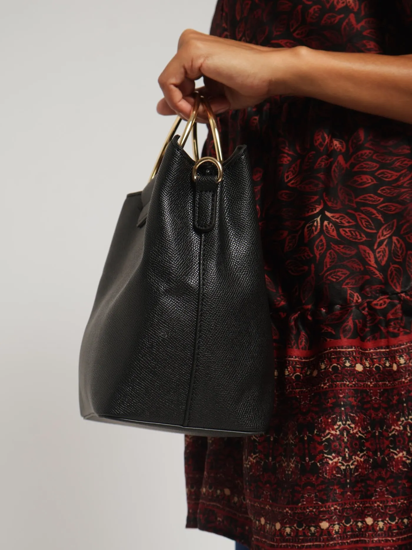 Textured Gold Handle Bucket Bag - Black