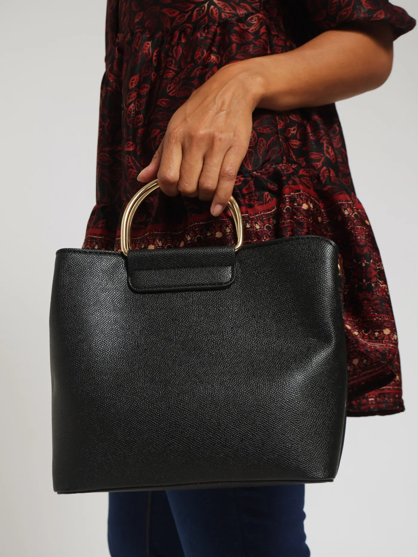 Textured Gold Handle Bucket Bag - Black
