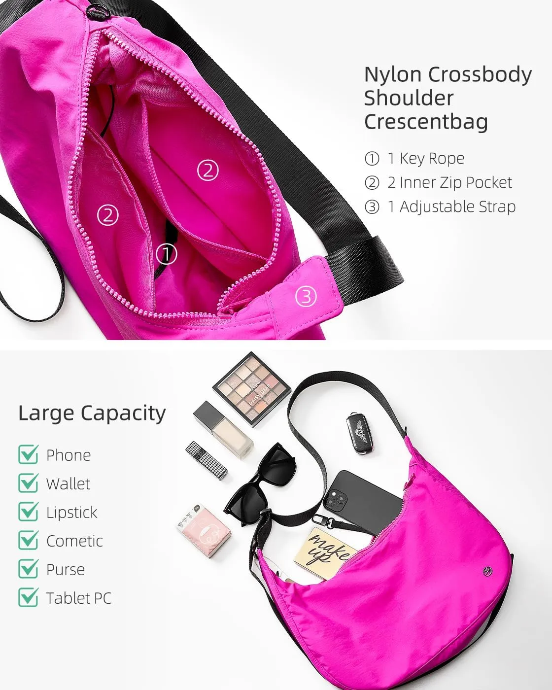 Titosha Medium Nylon Crescent Crossbody Bag for Women with Extended Adjustable Shoulder strap