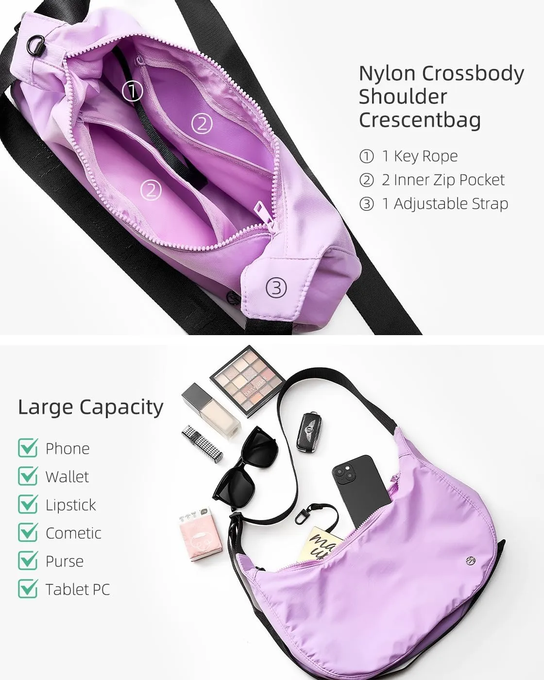 Titosha Medium Nylon Crescent Crossbody Bag for Women with Extended Adjustable Shoulder strap