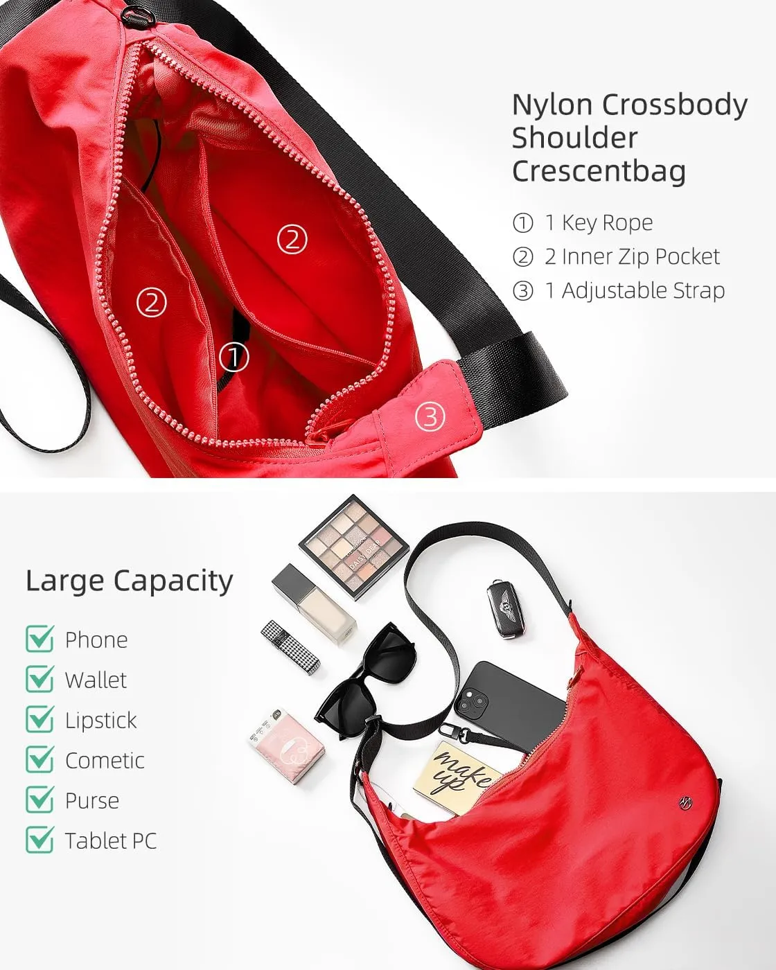 Titosha Medium Nylon Crescent Crossbody Bag for Women with Extended Adjustable Shoulder strap