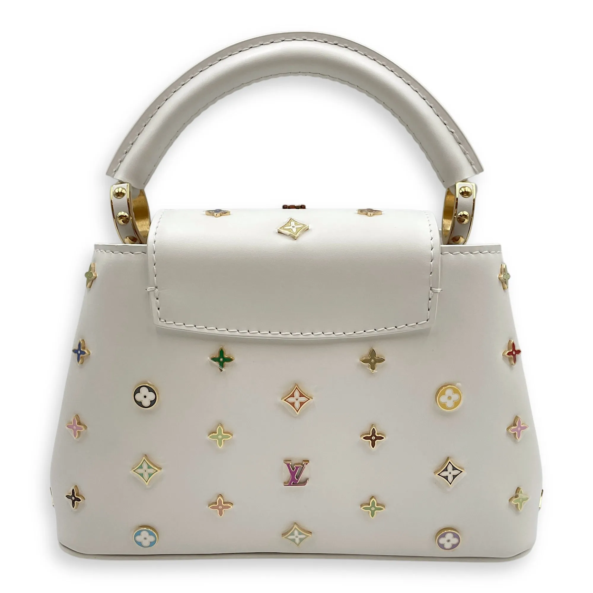 TM Capucines Murakami Mini White Top Handle Bag in Calfskin, Gold hardware