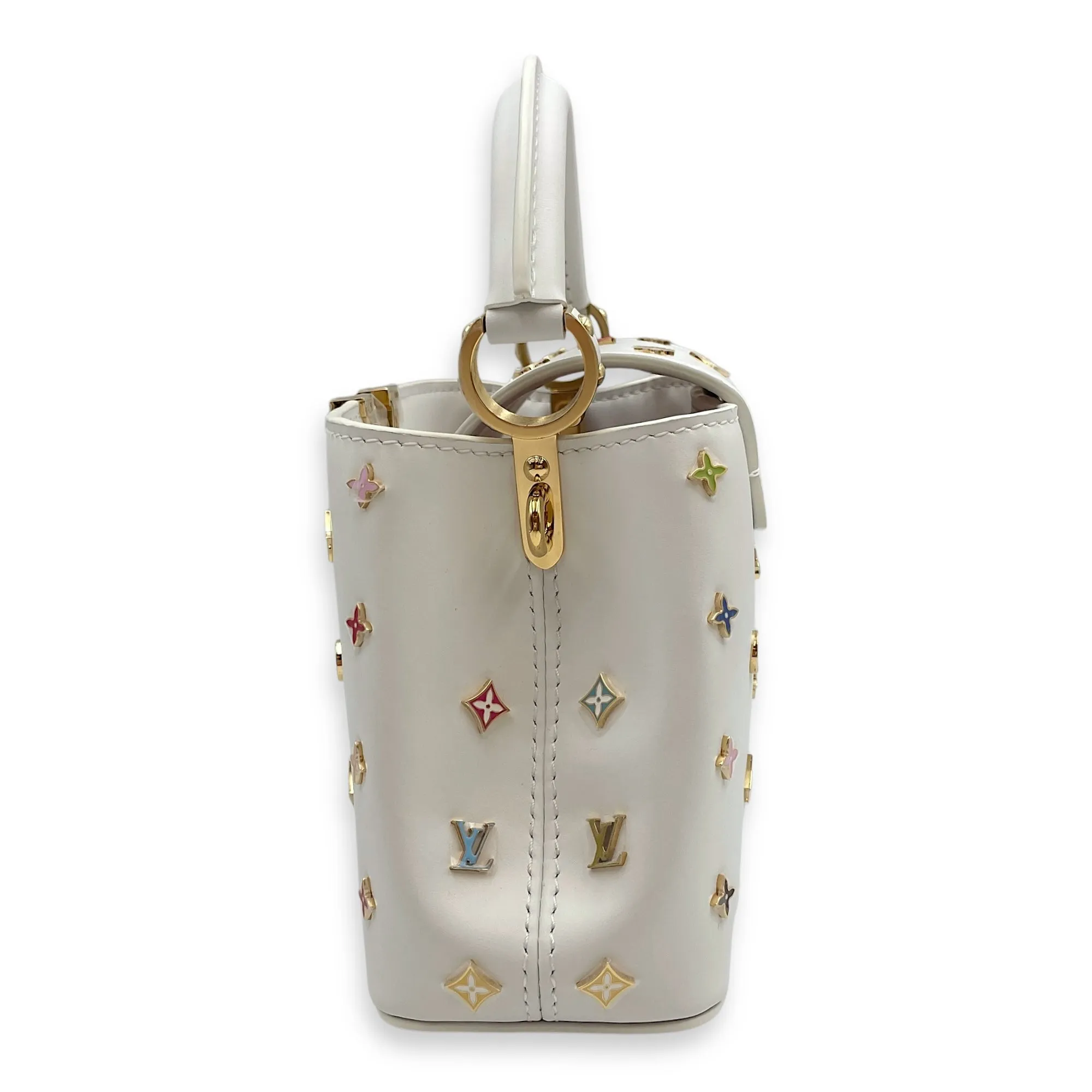 TM Capucines Murakami Mini White Top Handle Bag in Calfskin, Gold hardware