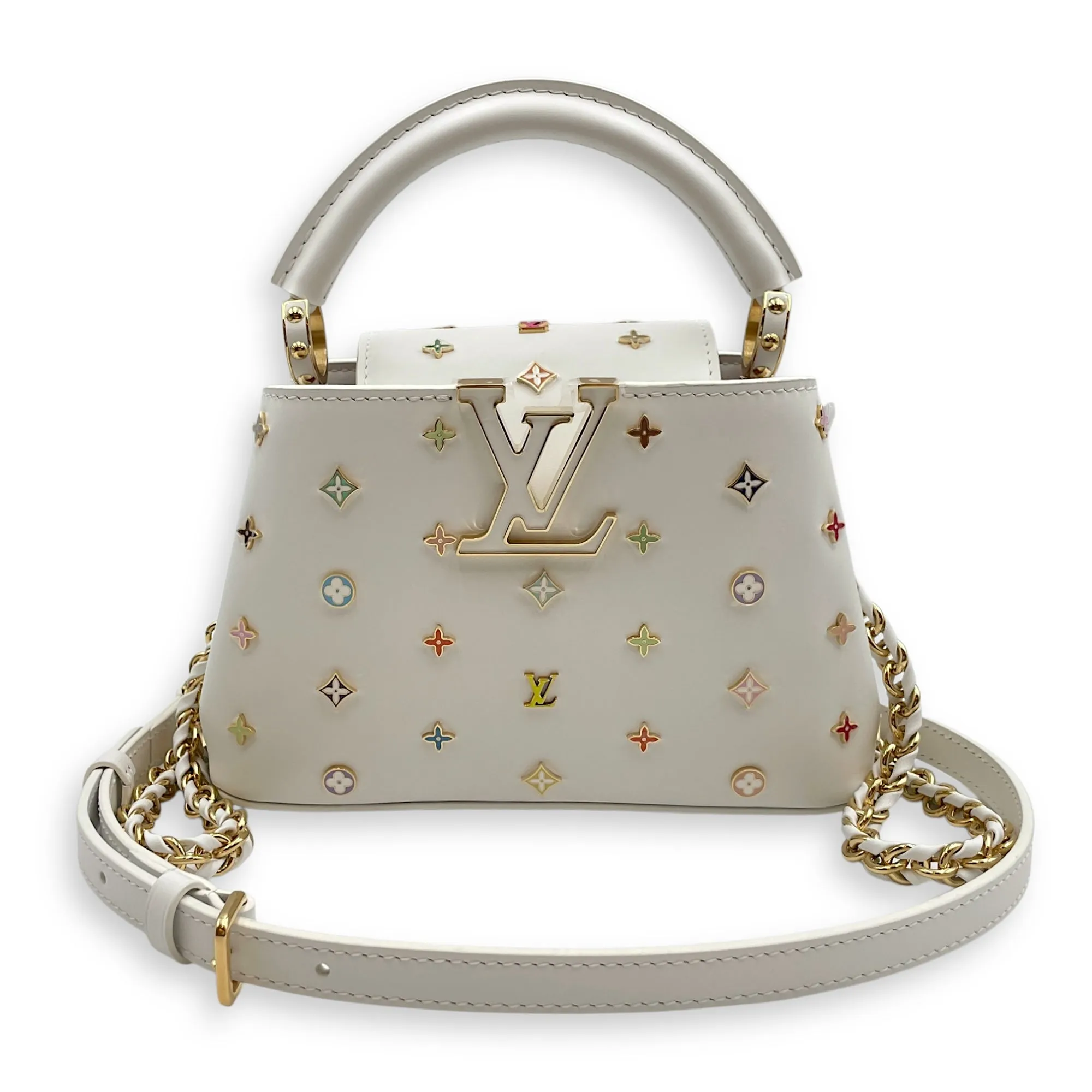 TM Capucines Murakami Mini White Top Handle Bag in Calfskin, Gold hardware