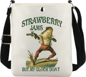 TOBGBE Funny Meme Gift Strawberry Jams But My Don't Crossbody Bag Western Cowgirl Frog Meme Gifts