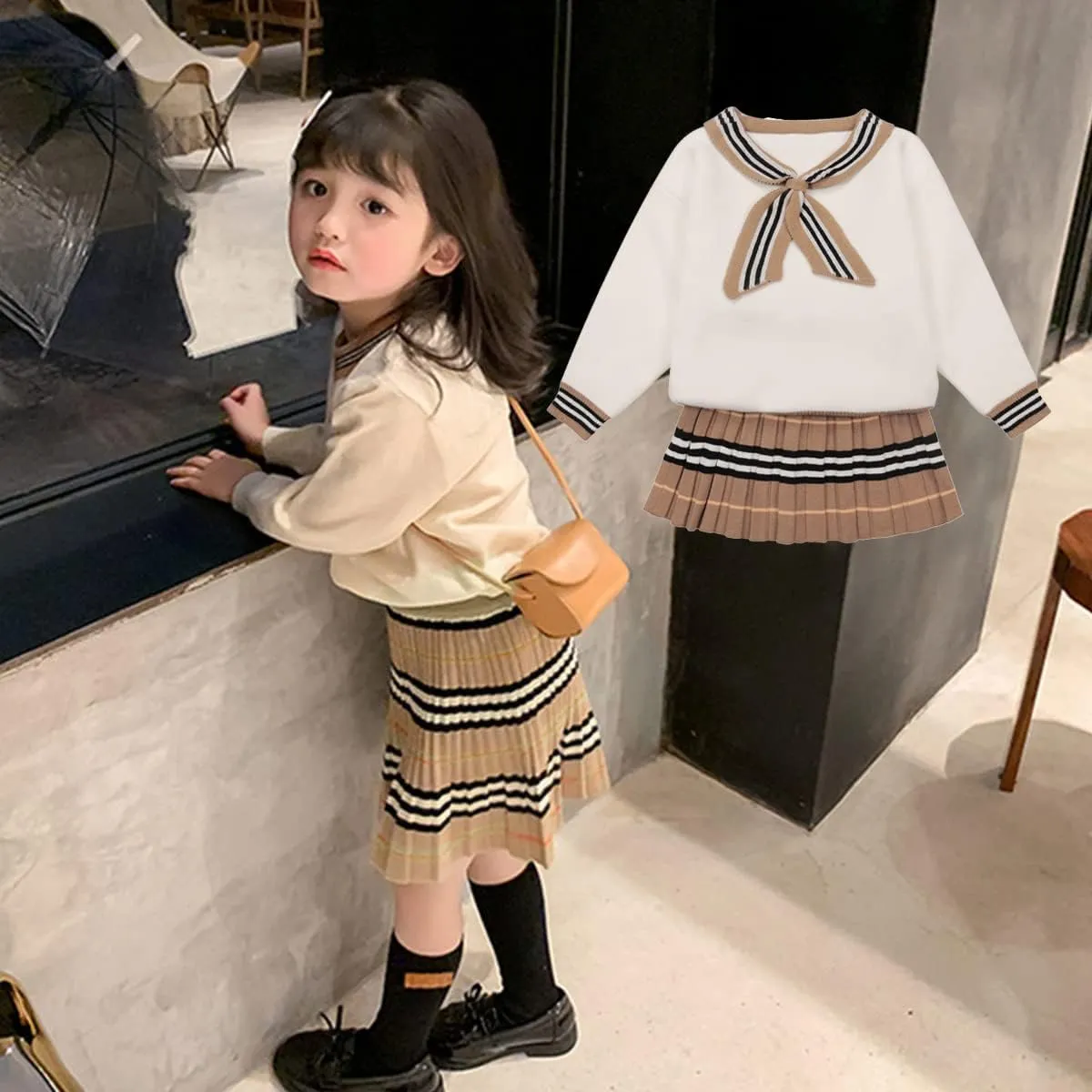 Toddler Baby Girls Fall Outfits Long Sleeve Knitted Sweater Tops Pleated Mini Skirt Set Autumn Winter Clothes Set