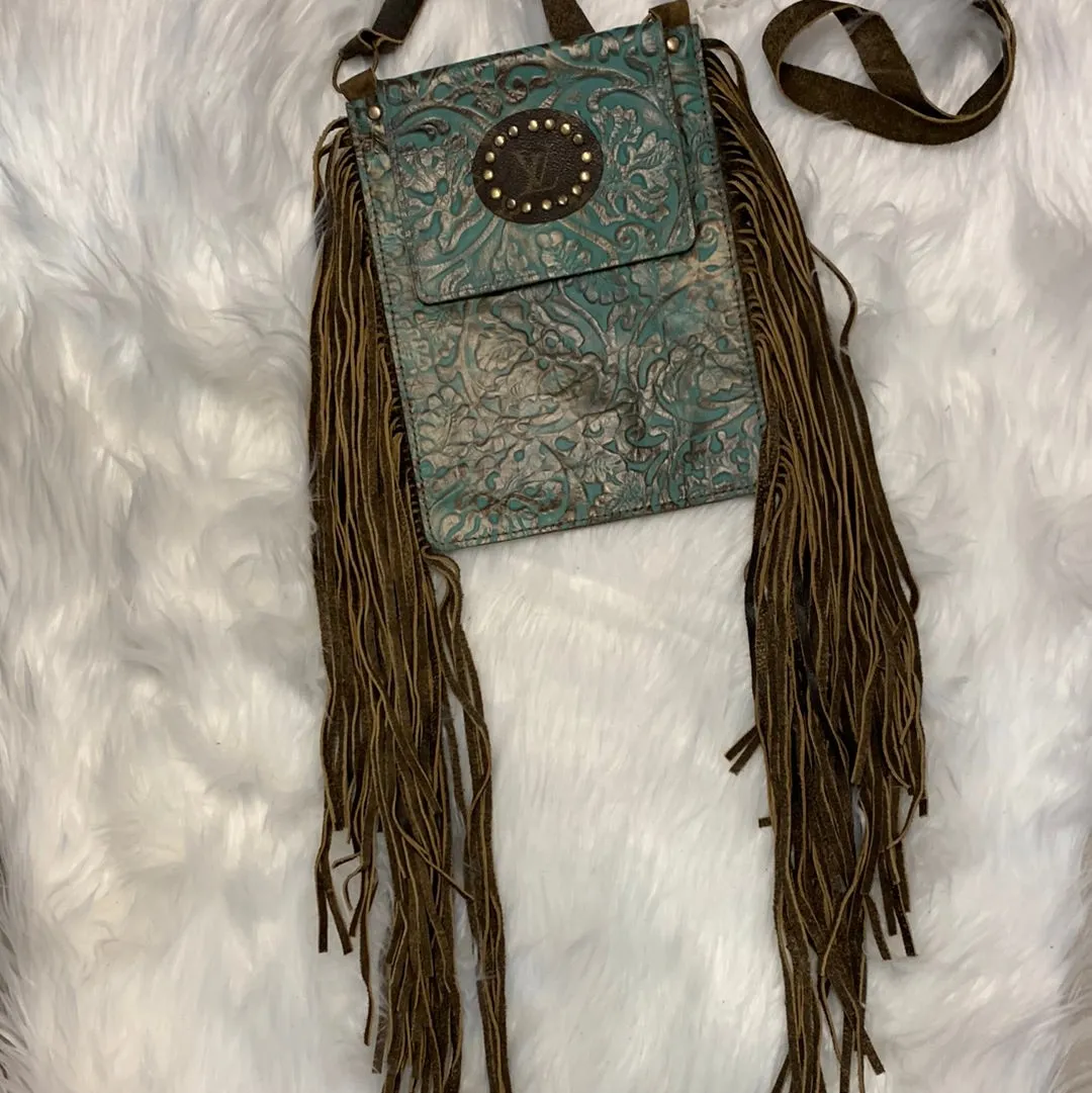 Tonya Hand Tooled Cowhide Leather Crossbody with Fringe