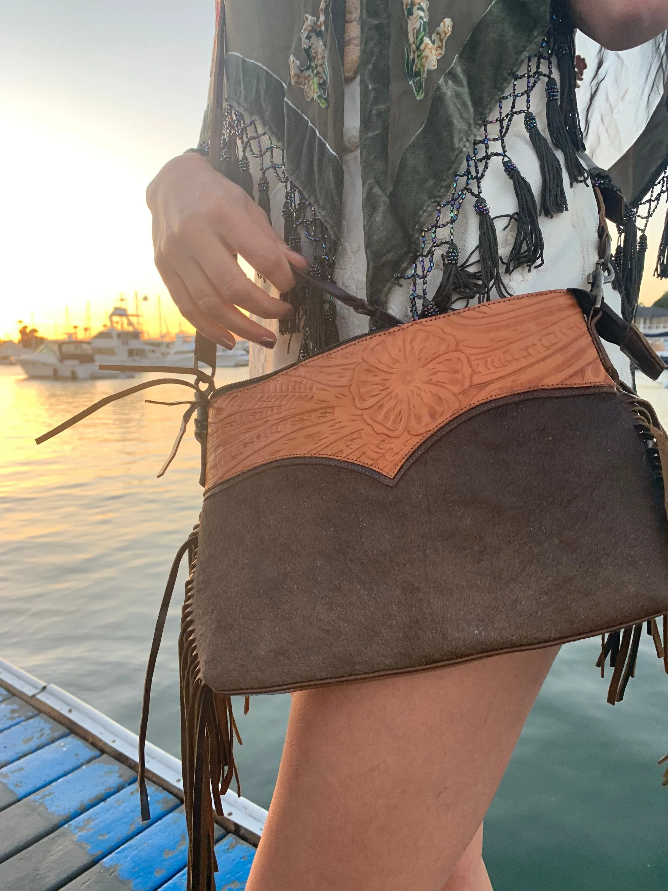 Tooled and cowhide crossbody