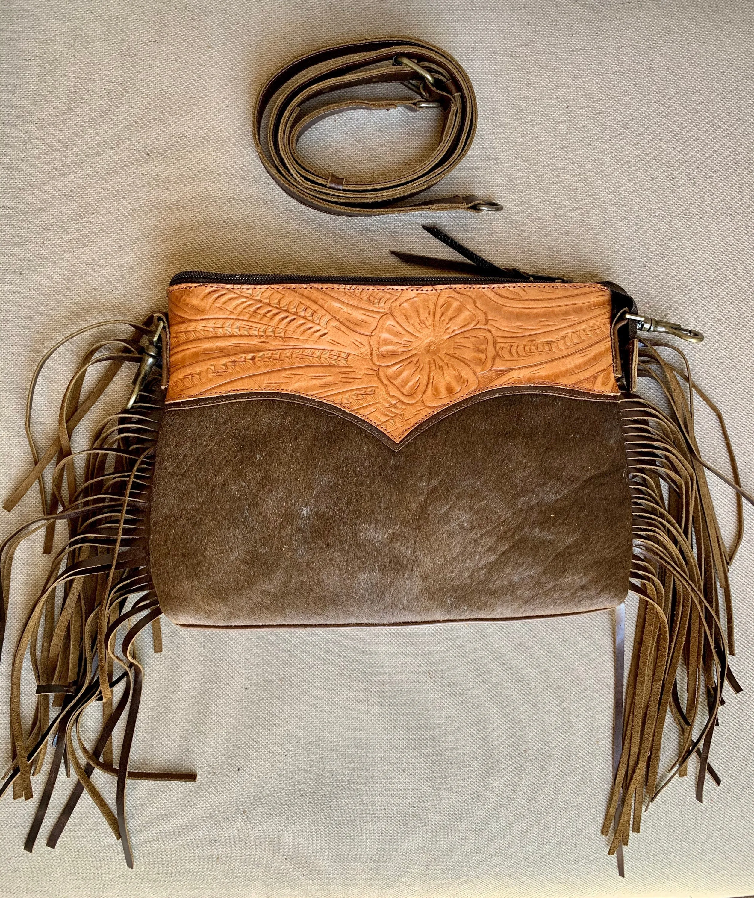 Tooled and cowhide crossbody