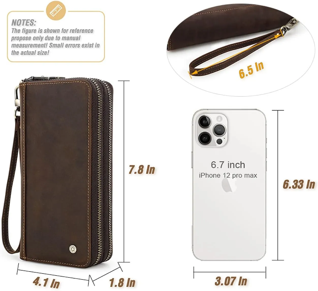 Top Grain Genuine Leather Clutch Bag Wallet with Wristlet for Man & Woman, Handmade Retro Design, 2 Zipper Pockets & Multiple Slots, RFID Large Capacity for Cards/Phone/Check/Money/Coin, Coffee