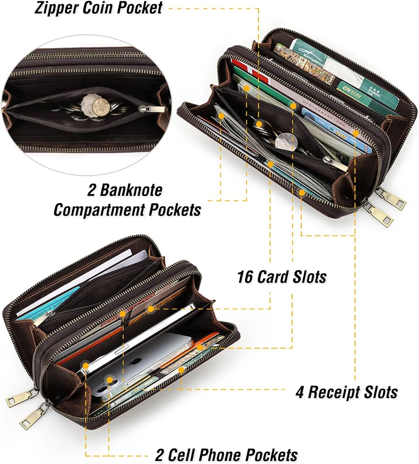 Top Grain Genuine Leather Clutch Bag Wallet with Wristlet for Man & Woman, Handmade Retro Design, 2 Zipper Pockets & Multiple Slots, RFID Large Capacity for Cards/Phone/Check/Money/Coin, Coffee