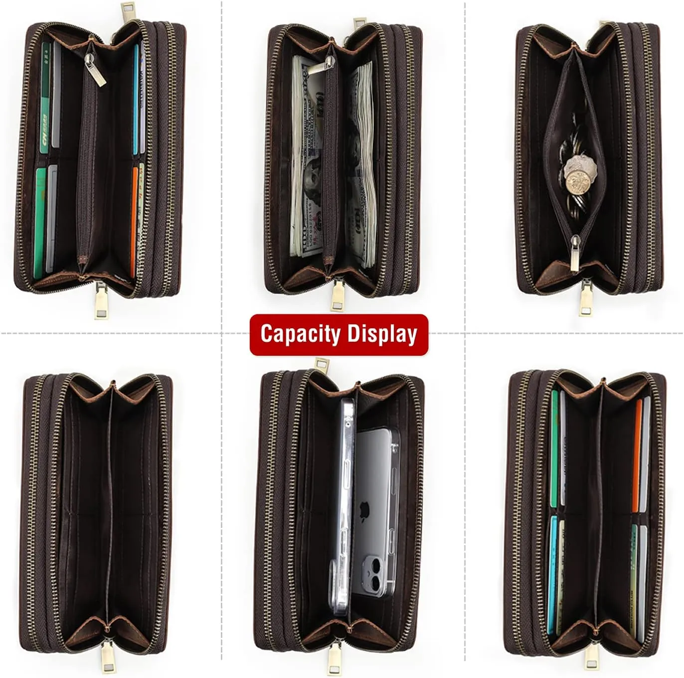 Top Grain Genuine Leather Clutch Bag Wallet with Wristlet for Man & Woman, Handmade Retro Design, 2 Zipper Pockets & Multiple Slots, RFID Large Capacity for Cards/Phone/Check/Money/Coin, Coffee