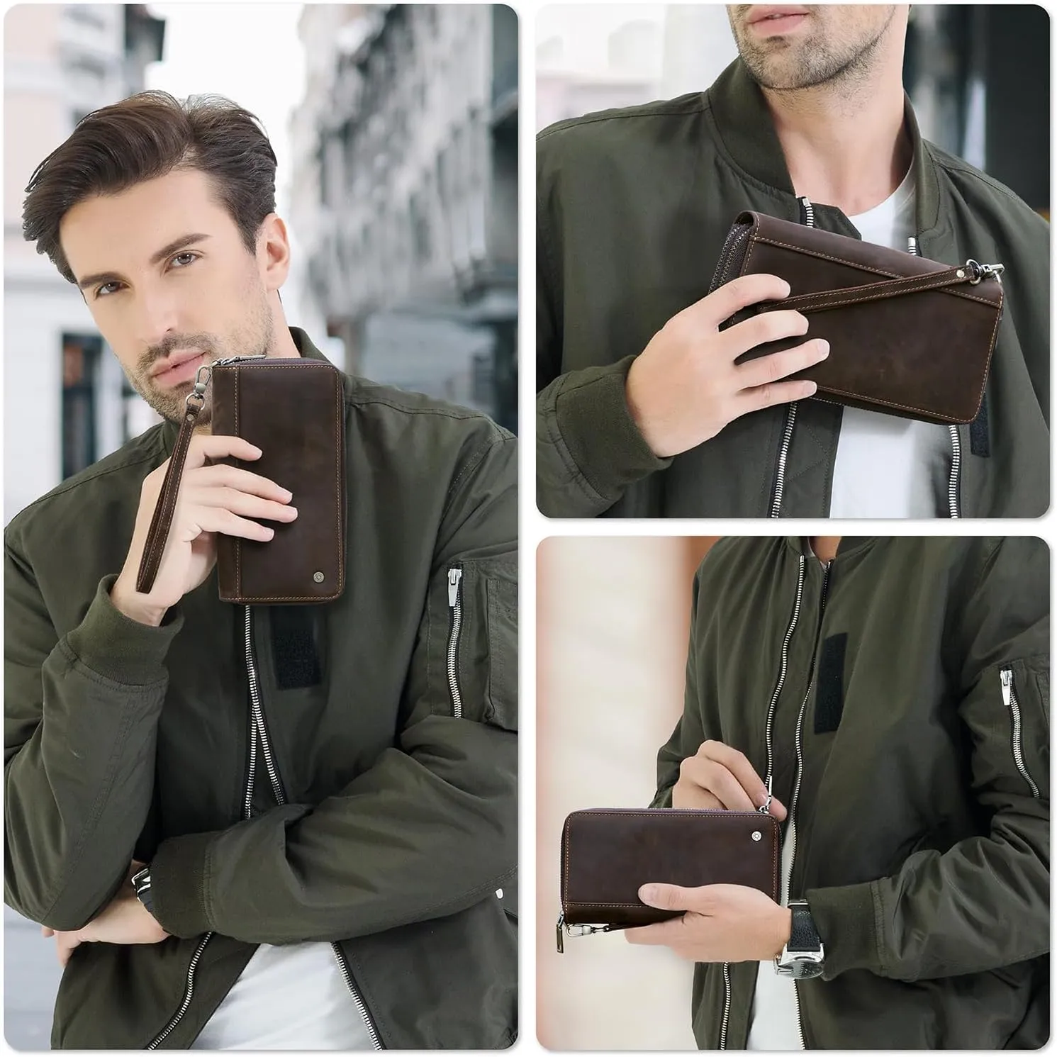 Top Grain Genuine Leather Clutch Bag Wallet with Wristlet for Man & Woman, Handmade Retro Design, 2 Zipper Pockets & Multiple Slots, RFID Large Capacity for Cards/Phone/Check/Money/Coin, Coffee
