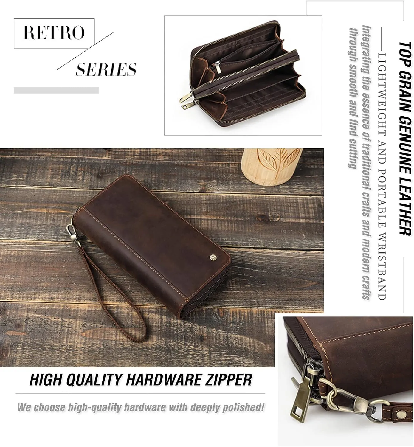 Top Grain Genuine Leather Clutch Bag Wallet with Wristlet for Man & Woman, Handmade Retro Design, 2 Zipper Pockets & Multiple Slots, RFID Large Capacity for Cards/Phone/Check/Money/Coin, Coffee