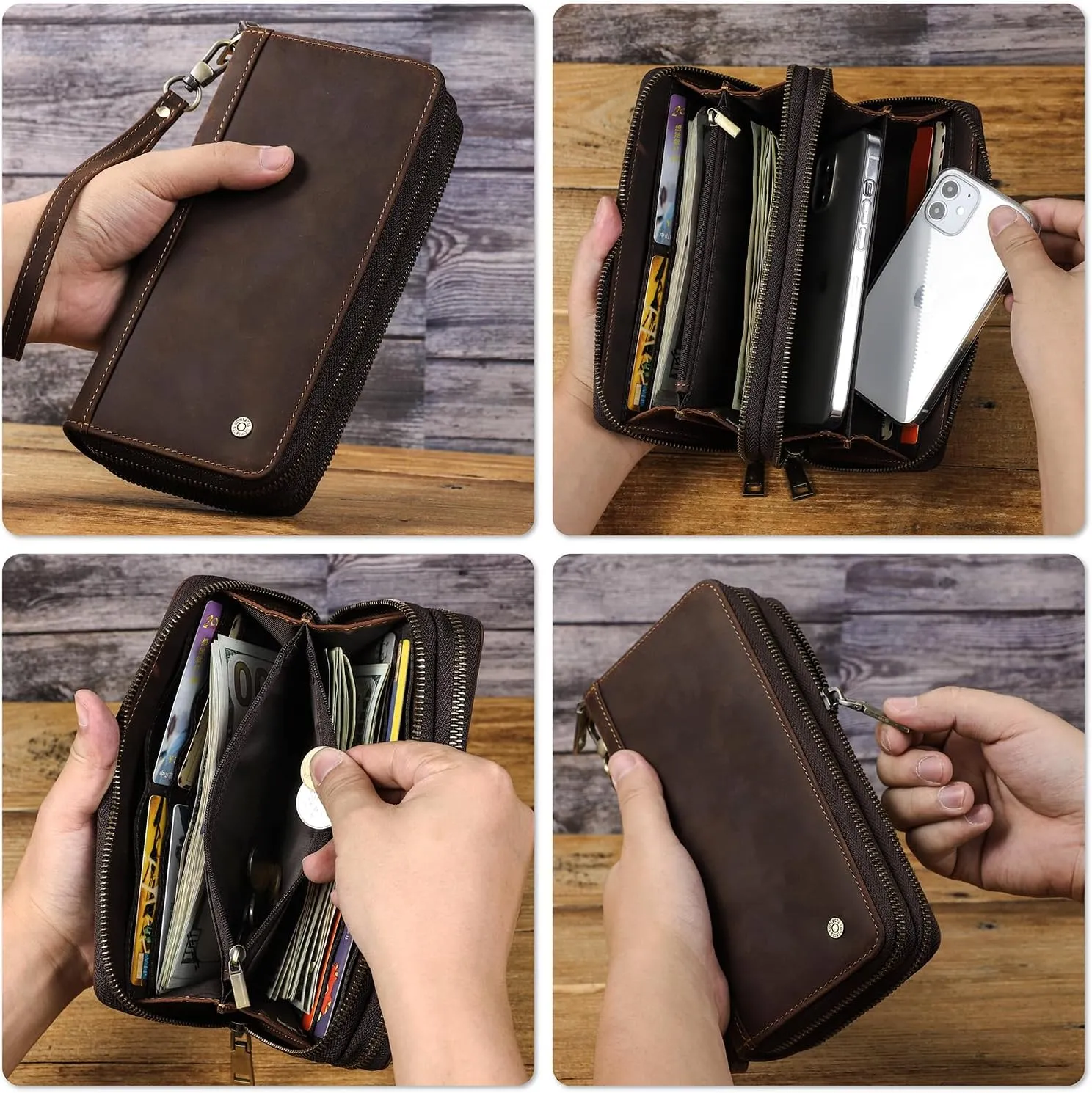 Top Grain Genuine Leather Clutch Bag Wallet with Wristlet for Man & Woman, Handmade Retro Design, 2 Zipper Pockets & Multiple Slots, RFID Large Capacity for Cards/Phone/Check/Money/Coin, Coffee