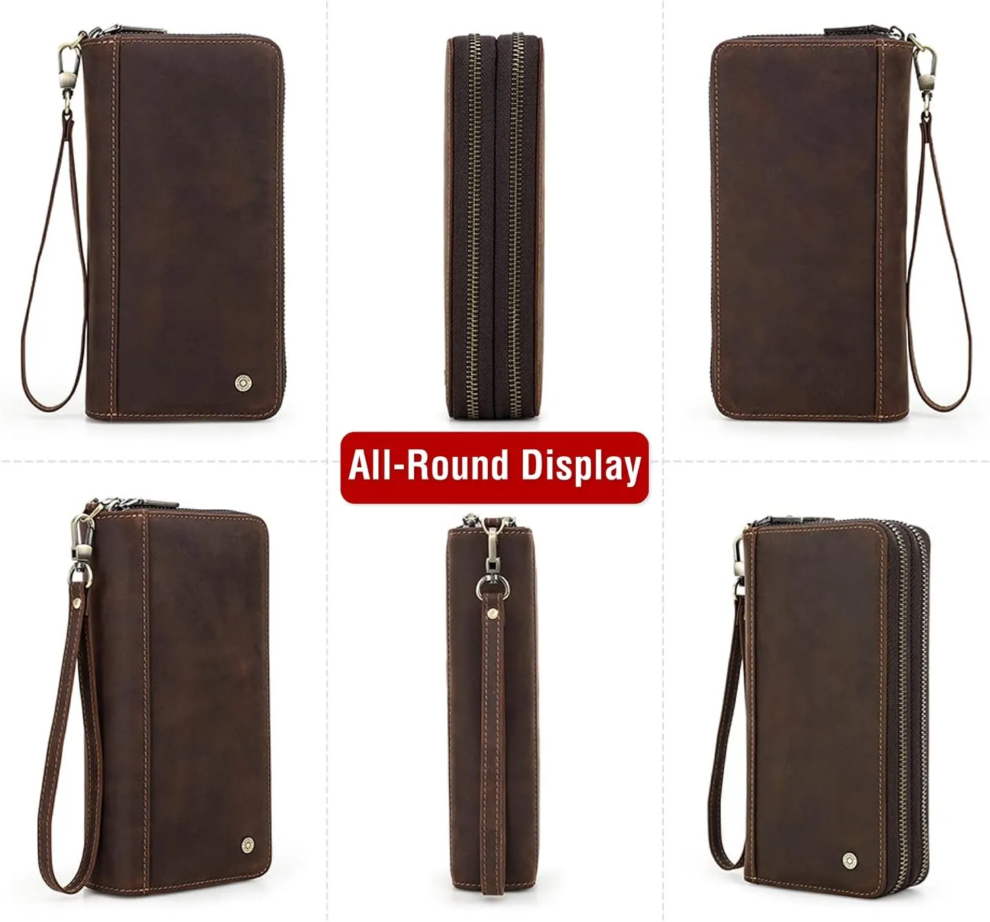 Top Grain Genuine Leather Clutch Bag Wallet with Wristlet for Man & Woman, Handmade Retro Design, 2 Zipper Pockets & Multiple Slots, RFID Large Capacity for Cards/Phone/Check/Money/Coin, Coffee