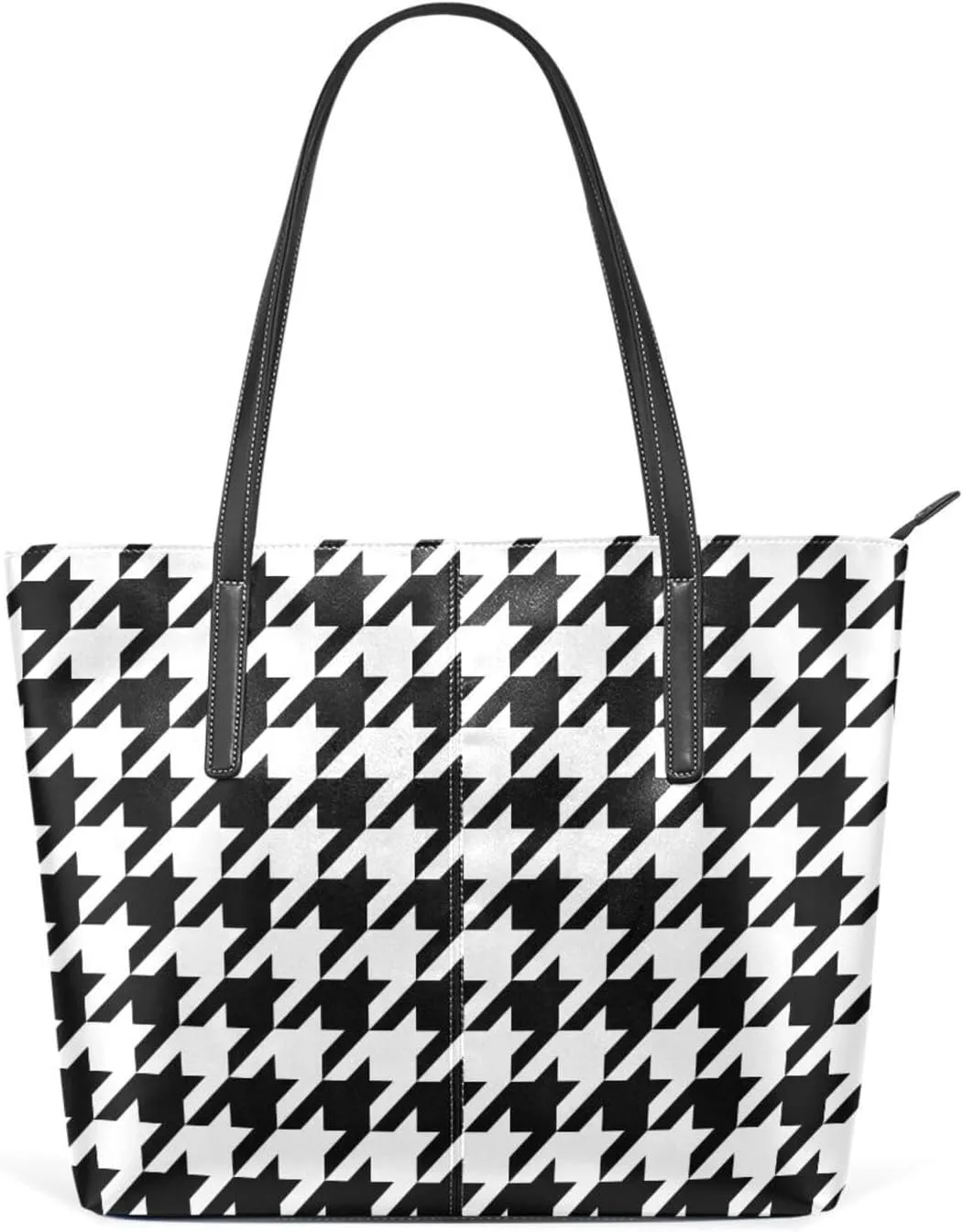 Top Handle Bag for Women Houndstooth Black White Vegan Leather Lady Purse Shoulder Bag Travel Satchel Gym Beach Tote with Zipper Weekender Handbag