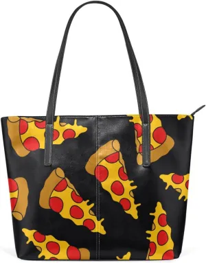 Top Handle Bag for Women Pizza Black Vegan Leather Lady Purse Shoulder Bag Travel Satchel Gym Beach Tote with Zipper Weekender Handbag