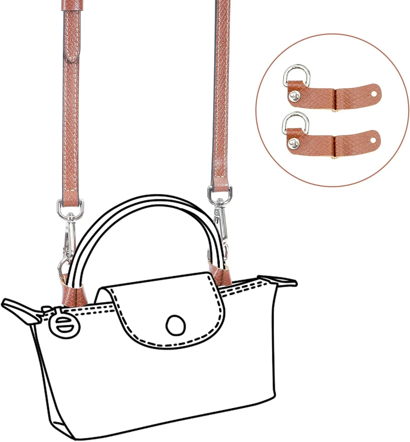 Top Handle No-punching Conversion Set for LONGCHAMP Mini Le Pliage (Silvery Buckle-001)