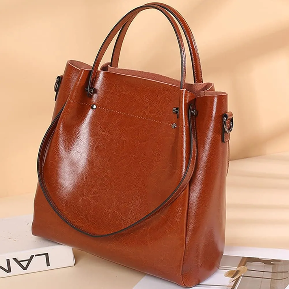 Top Handle Tote Bag Oil Wax Leather Shoulder Bag Genuine Leather Handbag Retro Satchel Hobo Purse