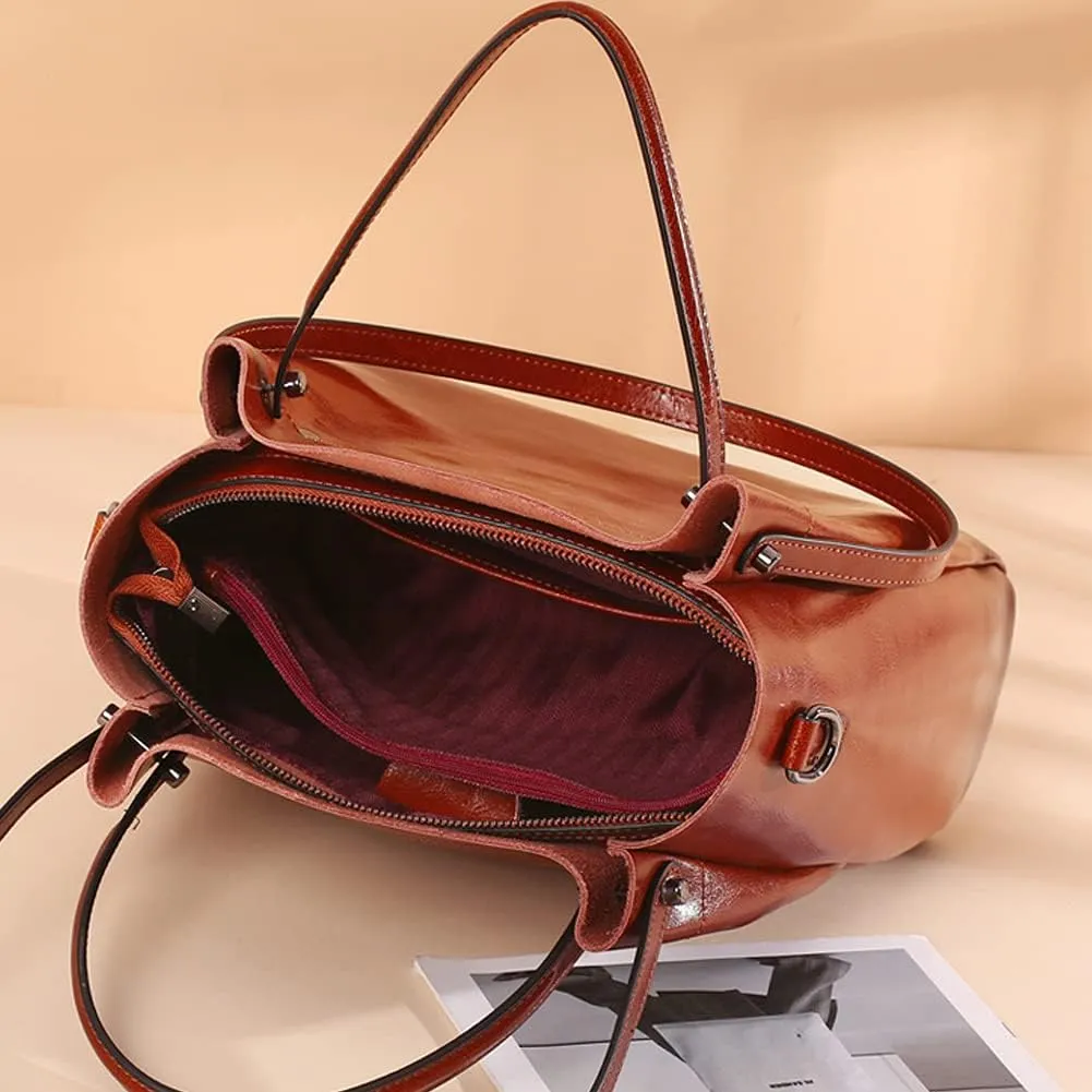 Top Handle Tote Bag Oil Wax Leather Shoulder Bag Genuine Leather Handbag Retro Satchel Hobo Purse