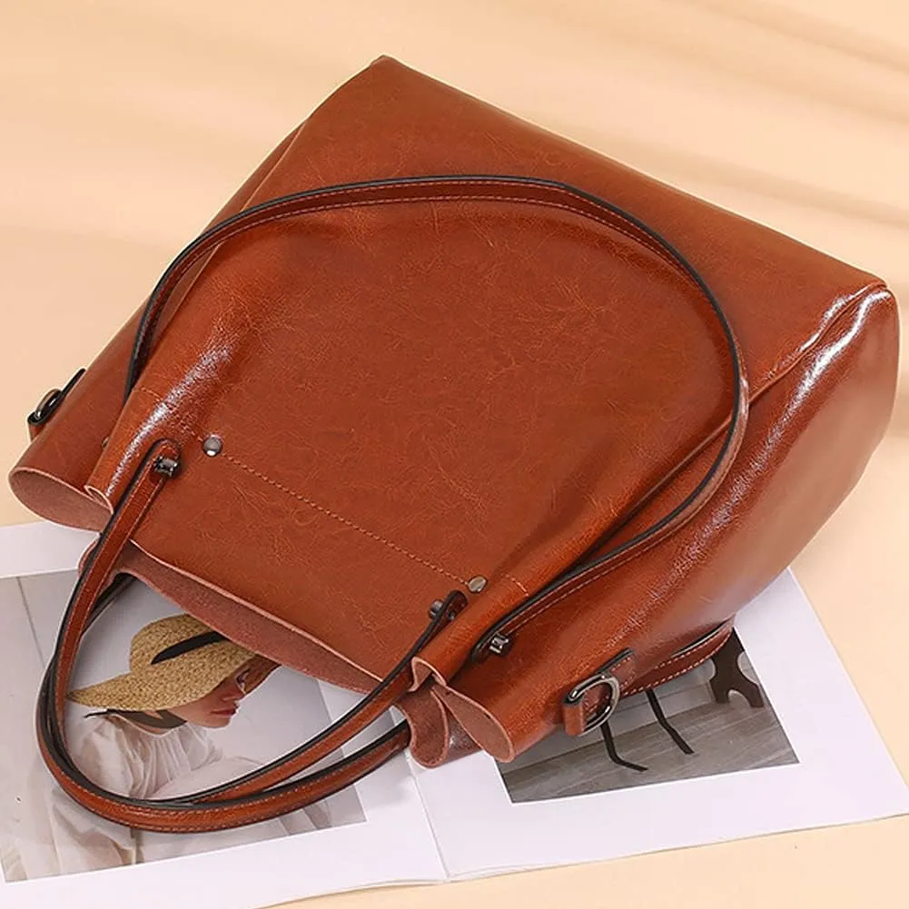 Top Handle Tote Bag Oil Wax Leather Shoulder Bag Genuine Leather Handbag Retro Satchel Hobo Purse