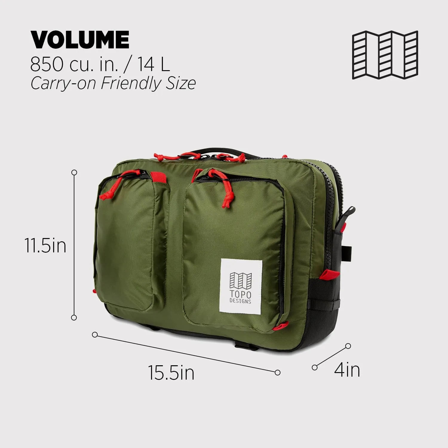 Topo Designs Global Briefcase - Bold Daily Carry Bag, Commuting Travel Pack with Oversized Zips, Signature Denver Style (Eco-Friendly/Olive)