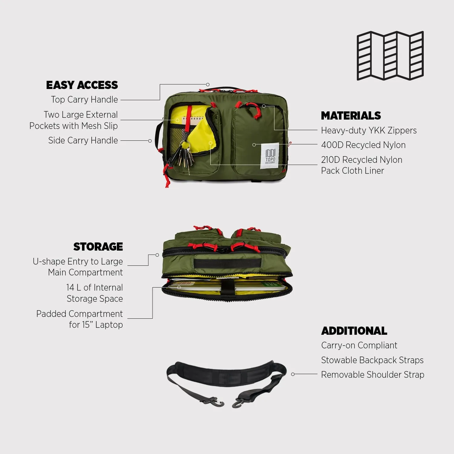 Topo Designs Global Briefcase - Bold Daily Carry Bag, Commuting Travel Pack with Oversized Zips, Signature Denver Style (Eco-Friendly/Olive)