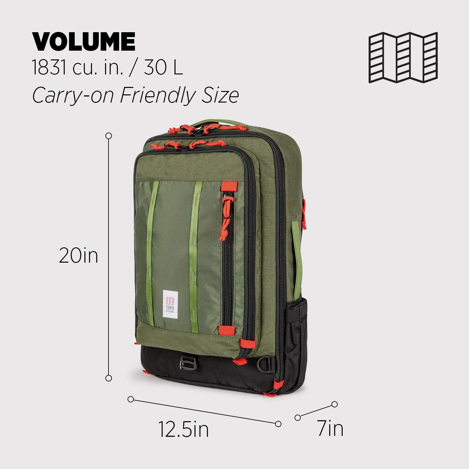 Topo Designs Global Travel Bag 30-40 Liter - Carry-on Compliant Versatile Pack, 3 Carry Options, External Laptop Sleeve (Eco-Friendly, 30L, Olive)