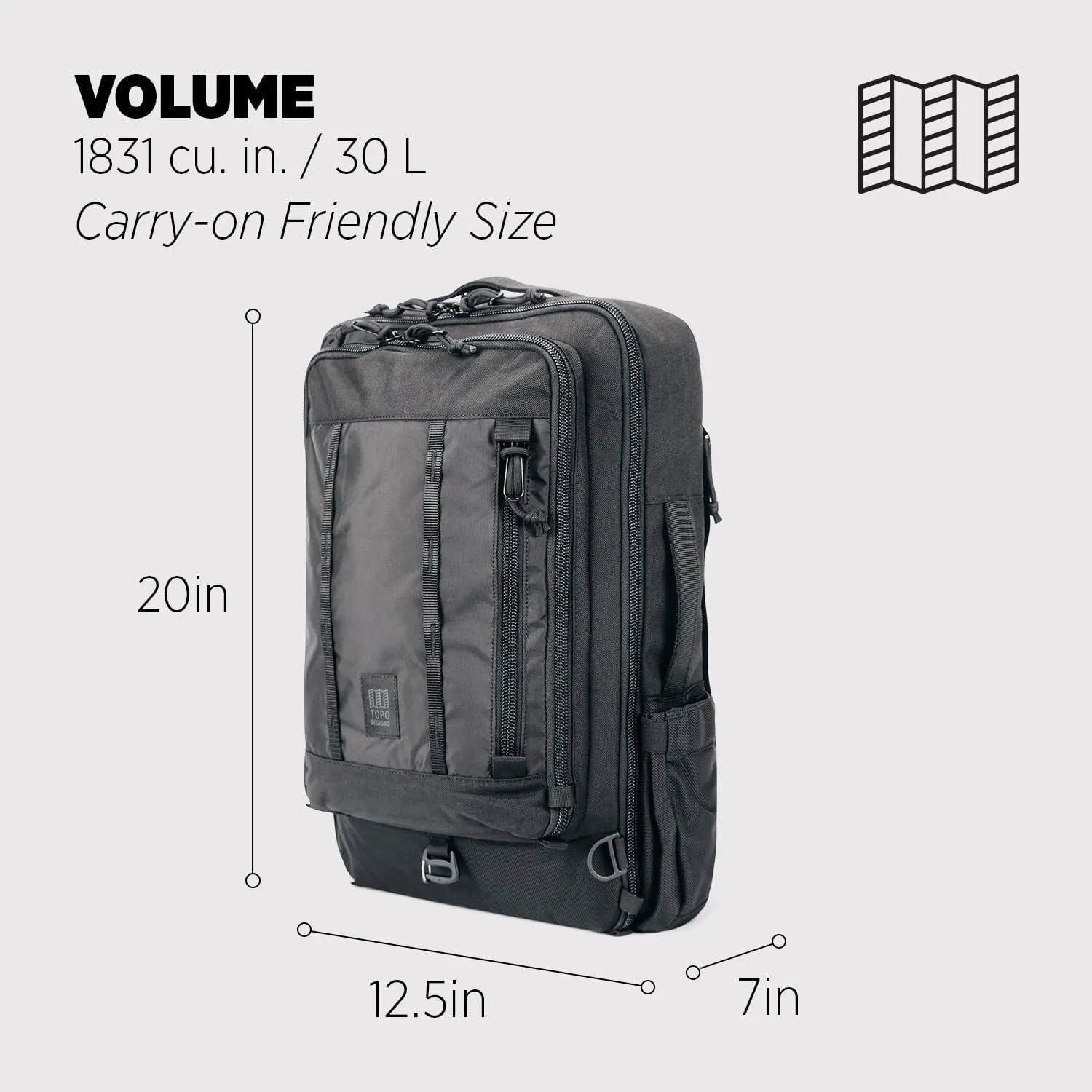 Topo Designs Global Travel Bag 30-40 Liter - Carry-on Compliant Versatile Pack, 3 Carry Options, External Laptop Sleeve (Original, 30L, Black)