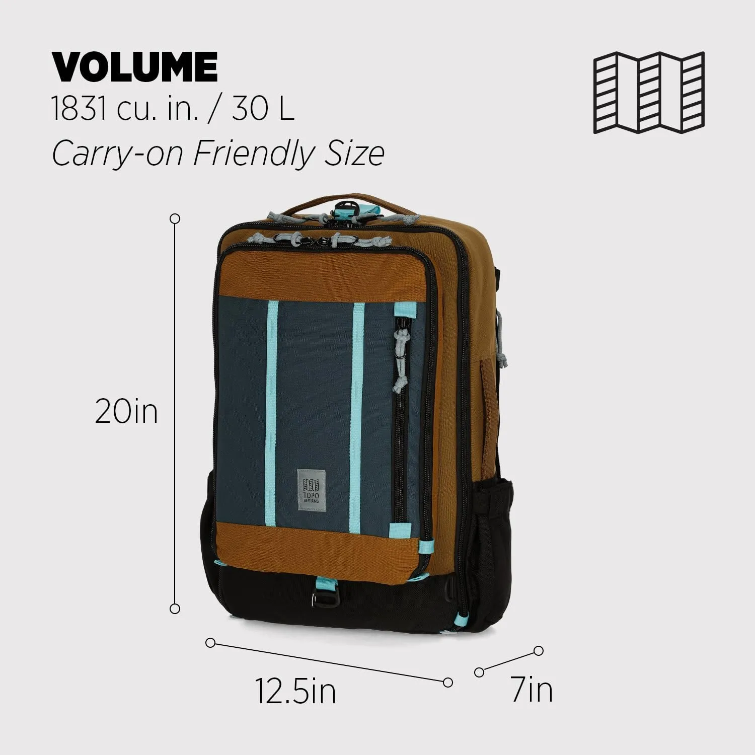Topo Designs Global Travel Bag 30-40 Liter - Carry-on Compliant Versatile Pack, 3 Carry Options, External Laptop Sleeve (Original, 30L, Palm)