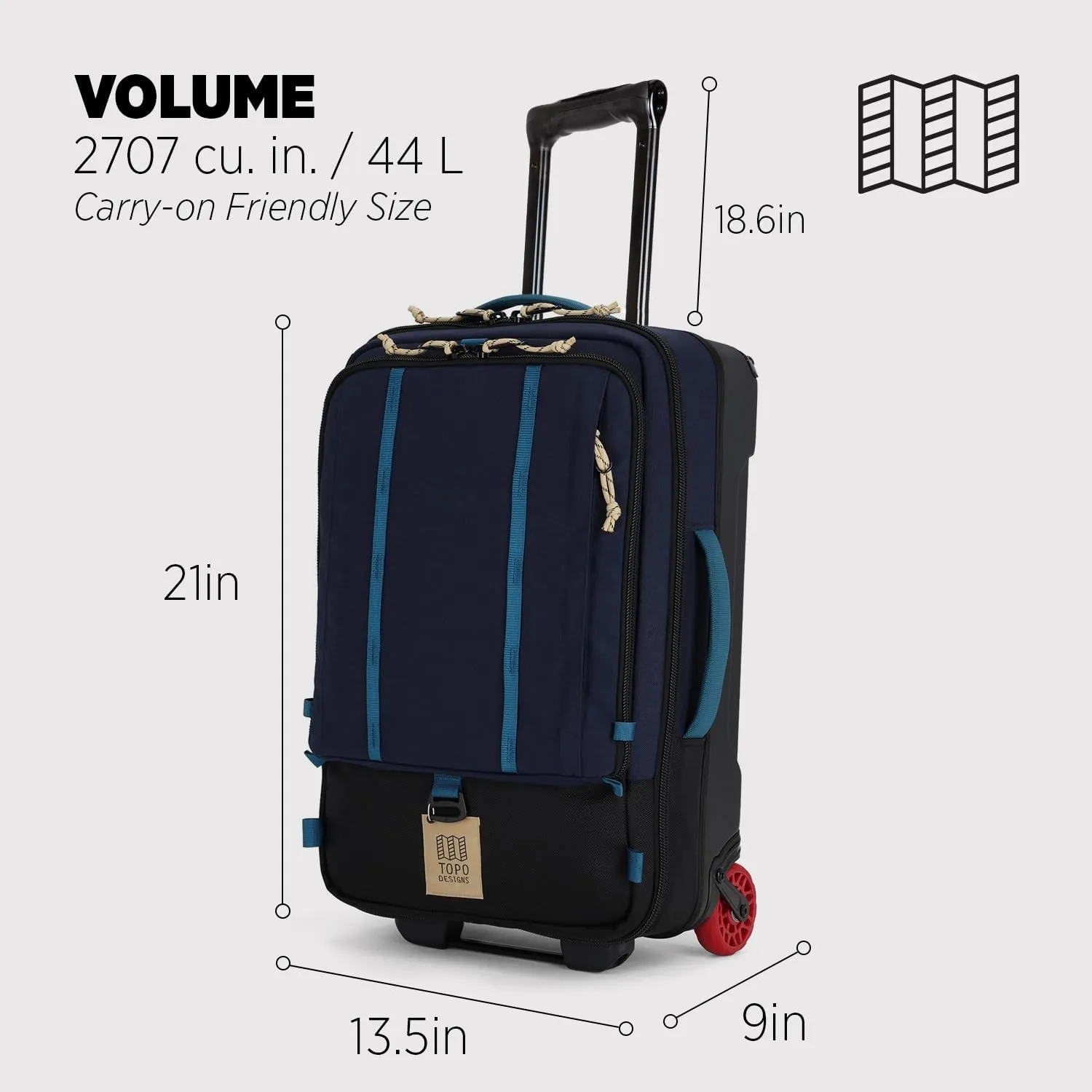 Topo Designs Global Travel Roller Bag Suitcase, 44L Carry-On, 3 Handles, Smooth Heavy Duty Wheels, Telescoping Handle, Durable   Rugged, WRAP Certified (Navy/Sahara)