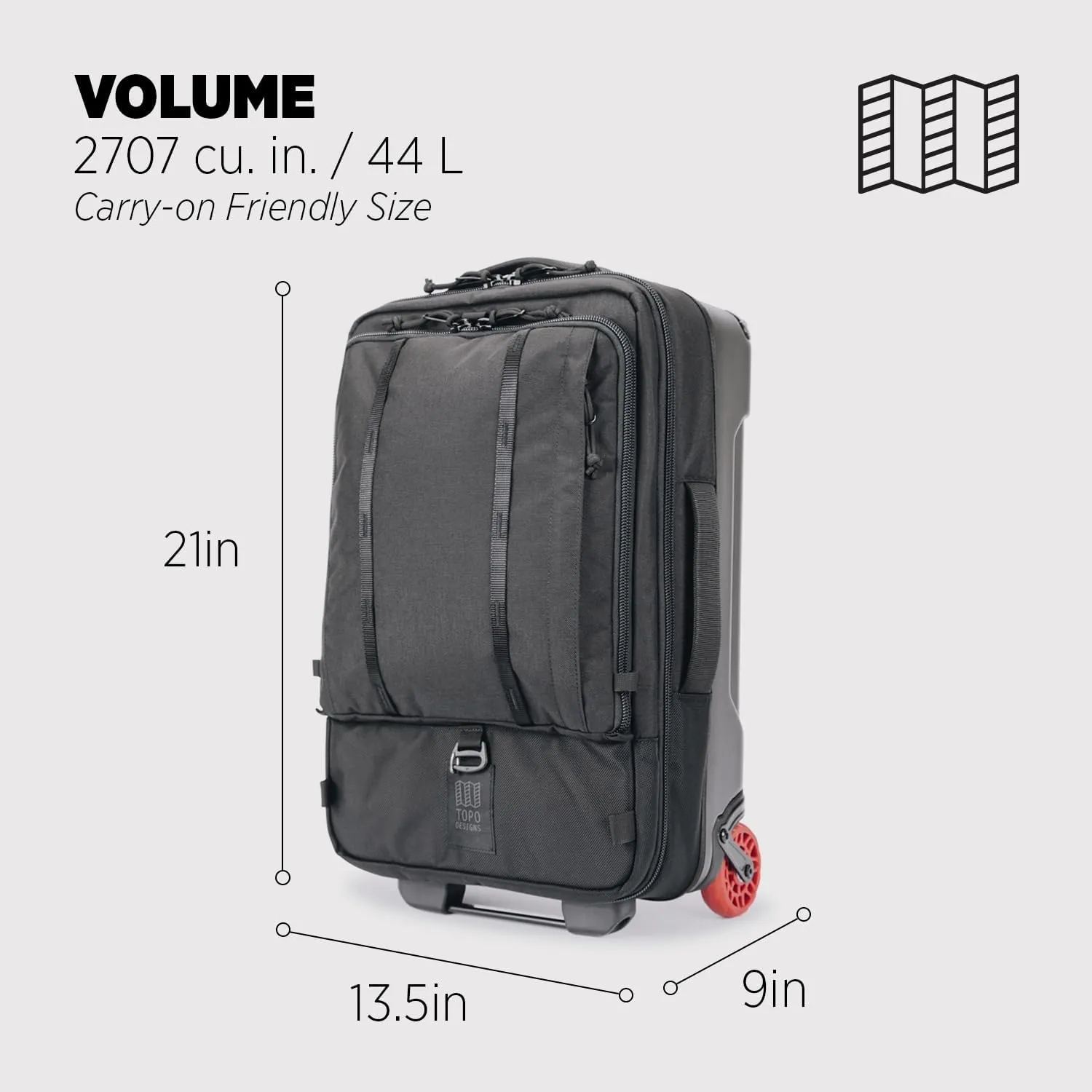 Topo Designs Global Travel Roller Bag Suitcase, Carry-On Friendly, 3 Carry Options, Smooth Heavy Duty Wheels, Telescoping Handle (Black)
